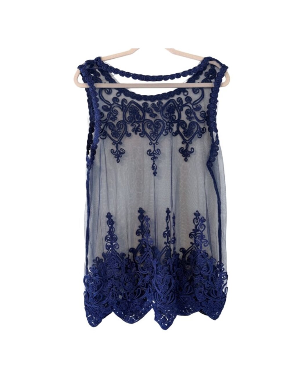 Jessica Taylor Blue Sheer Lace Embroidered Sleeveless Tunic Top Ones Sz Top - Picture 7 of 12